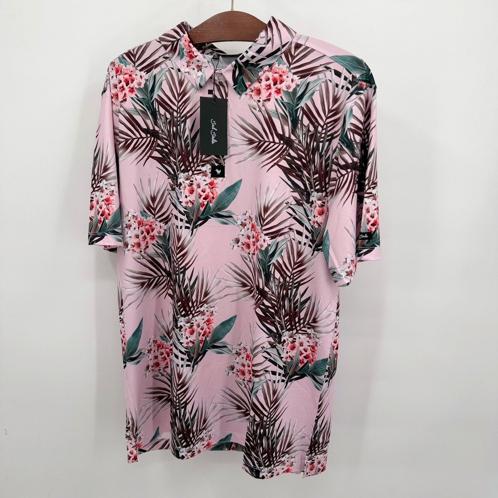 NWT Bad Birdie Men's Size XL‎ Golf Polo Pink Tropical Floral Shirt Button Up